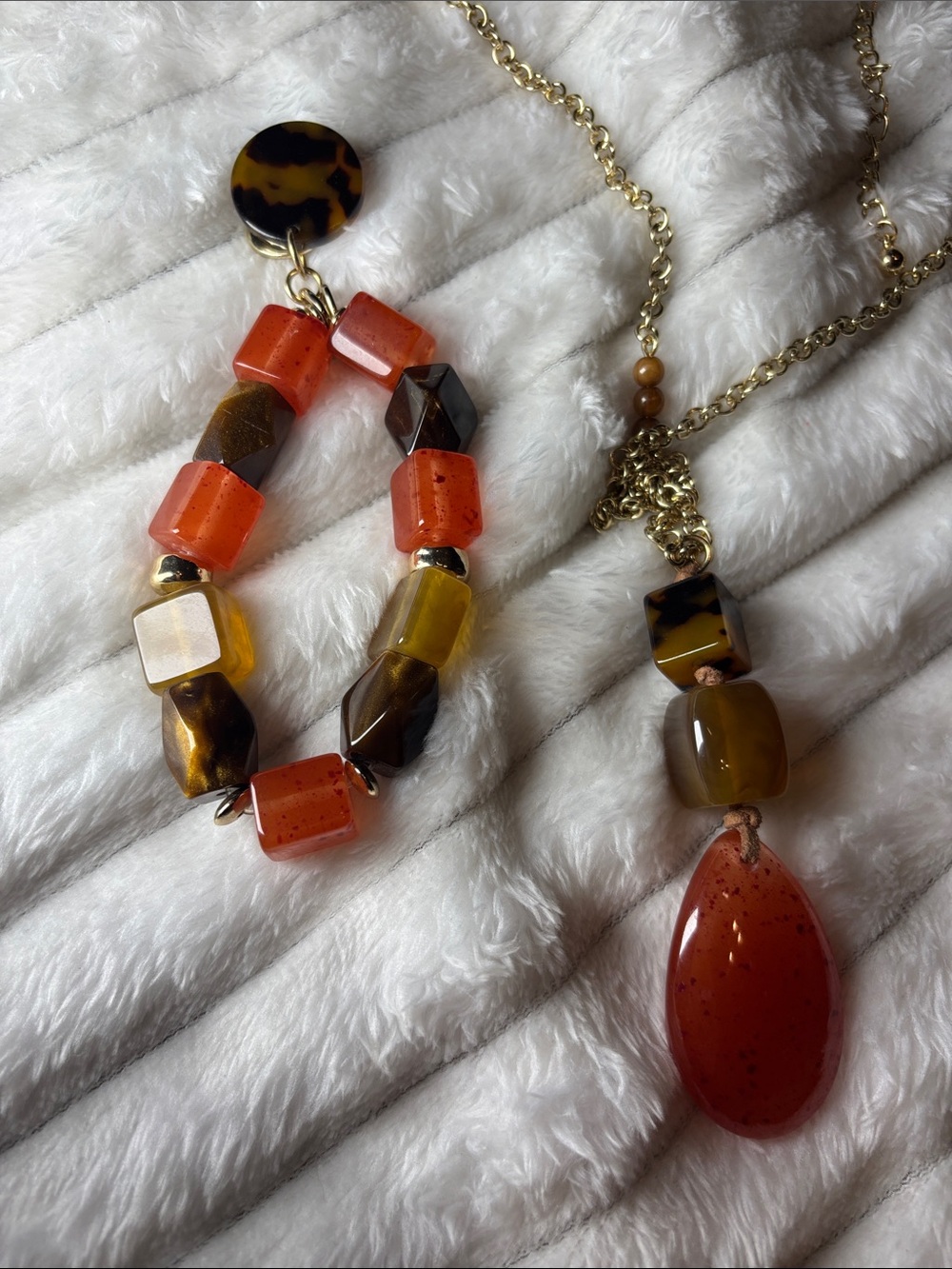 Chicoโs Gold tone Chain Necklace with Orange Teardrop Pendant and Bracelet